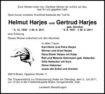 Traueranzeige von Helmut Harjes von Nordwest-Zeitung