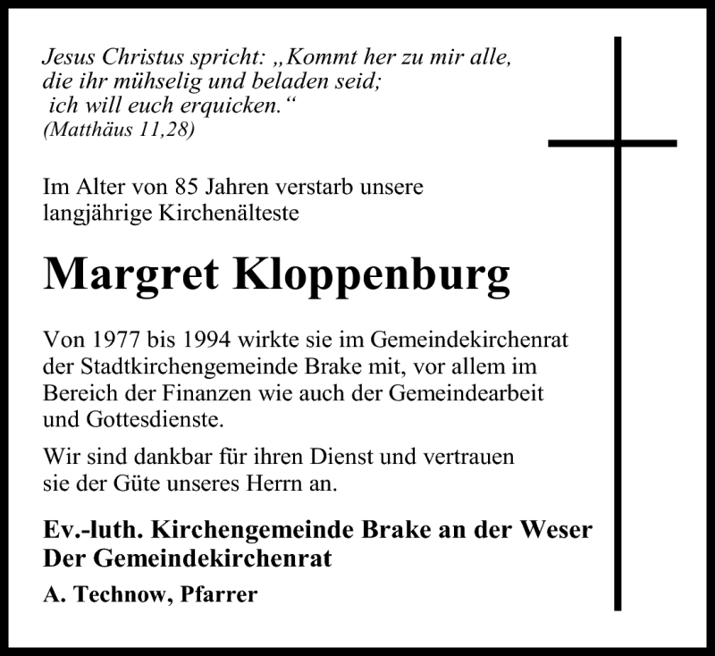  Traueranzeige für Margret Kloppenburg vom 04.07.2011 aus Nordwest-Zeitung