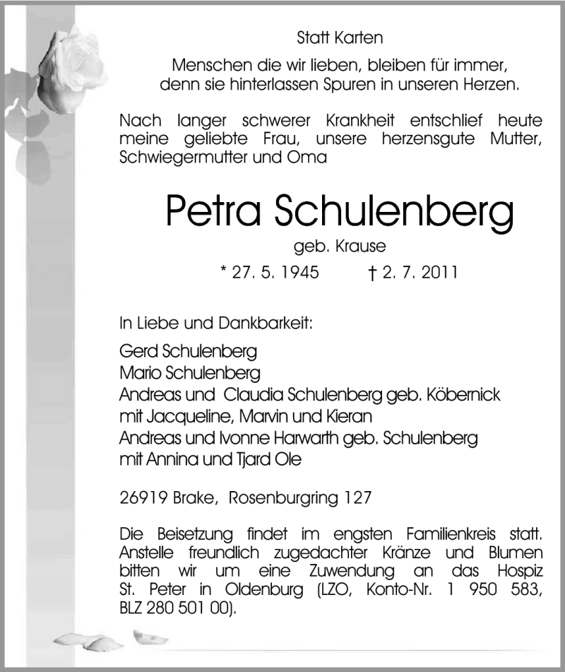  Traueranzeige für Petra Schulenberg vom 08.07.2011 aus Nordwest-Zeitung