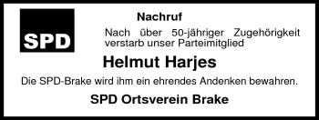 Traueranzeige von Helmut Harjes von Nordwest-Zeitung