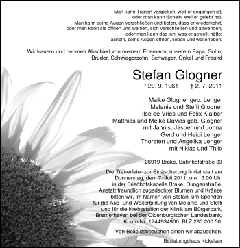 Traueranzeige von Stefan Glogner von Nordwest-Zeitung