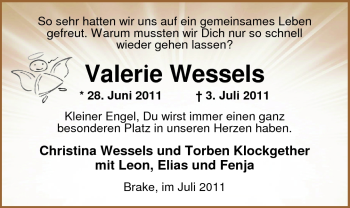 Traueranzeige von Valerie Wessels von Nordwest-Zeitung