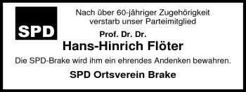 Traueranzeige von Hans-Hinrich Prof. Dr. Dr. Flöter von Nordwest-Zeitung