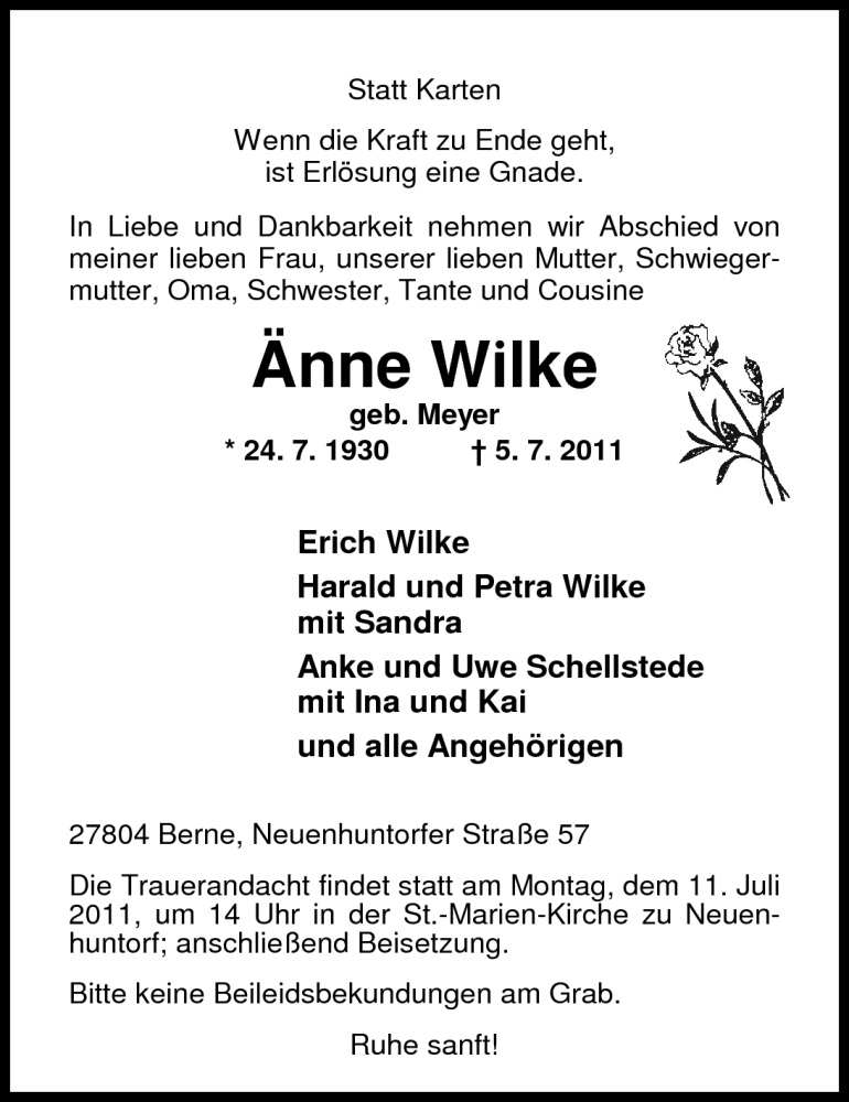  Traueranzeige für Änne Wilke vom 07.07.2011 aus Nordwest-Zeitung