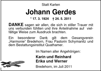 Traueranzeige von Johann Gerdes von Nordwest-Zeitung