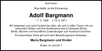 Traueranzeige von Adolf Bargmann von Nordwest-Zeitung