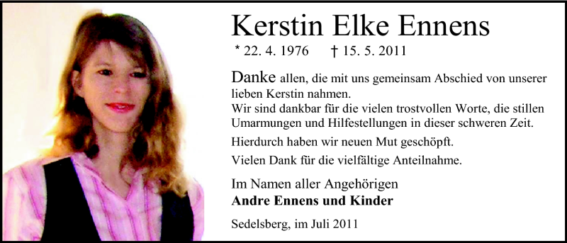  Traueranzeige für Kerstin Ennens vom 09.07.2011 aus Nordwest-Zeitung