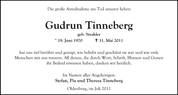 Traueranzeige von Gudrun Tinneberg von Nordwest-Zeitung