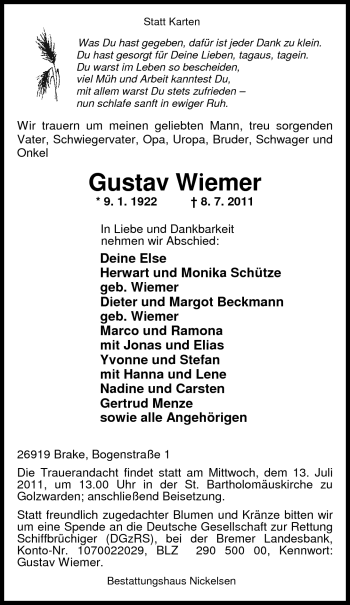 Traueranzeige von Gustav Wiemer von Nordwest-Zeitung