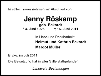 Traueranzeige von Jenny Röskamp von Nordwest-Zeitung
