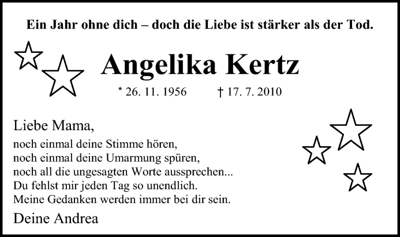  Traueranzeige für Angelika Kertz vom 18.07.2011 aus Nordwest-Zeitung