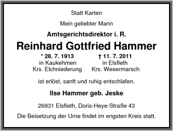 Traueranzeige von Reinhard Gottfried Hammer von Nordwest-Zeitung