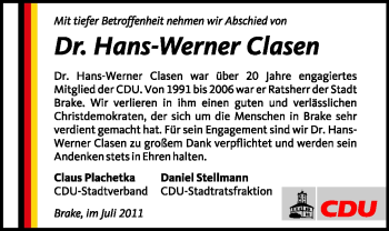 Traueranzeige von Dr. Hans-Werner Clasen von Nordwest-Zeitung