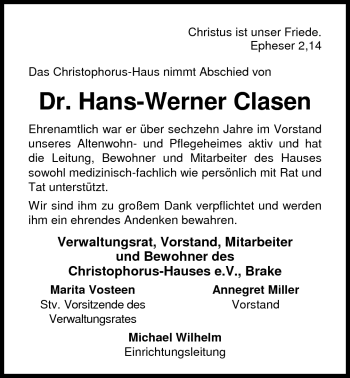 Traueranzeige von Dr. Hans-Werner Clasen von Nordwest-Zeitung
