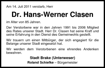 Traueranzeige von Dr. Hans-Werner Clasen von Nordwest-Zeitung