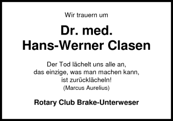 Traueranzeige von Dr. Hans-Werner Clasen von Nordwest-Zeitung