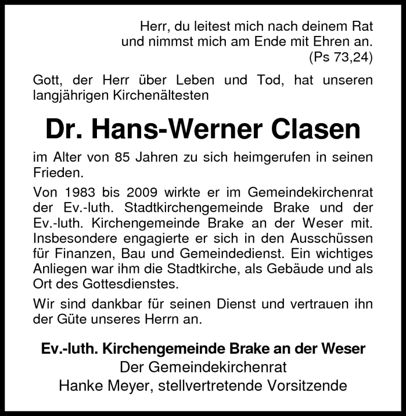  Traueranzeige für Dr. Hans-Werner Clasen vom 16.07.2011 aus Nordwest-Zeitung