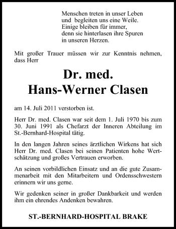 Traueranzeige von Dr. Hans-Werner Clasen von Nordwest-Zeitung