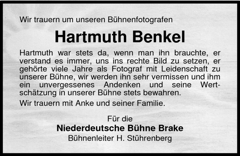  Traueranzeige für Hartmuth Benkel vom 19.07.2011 aus Nordwest-Zeitung