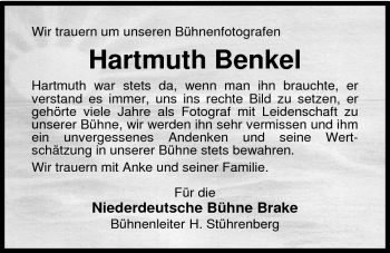 Traueranzeige von Hartmuth Benkel von Nordwest-Zeitung