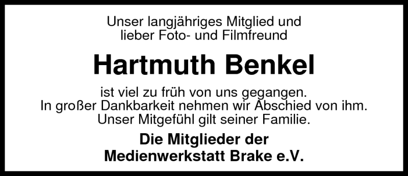  Traueranzeige für Hartmuth Benkel vom 19.07.2011 aus Nordwest-Zeitung
