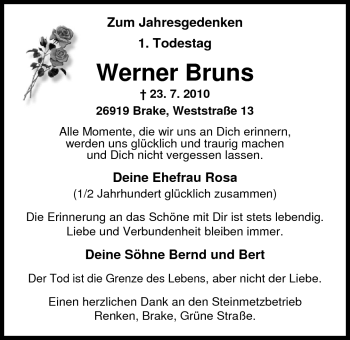 Traueranzeige von Werner Bruns von Nordwest-Zeitung