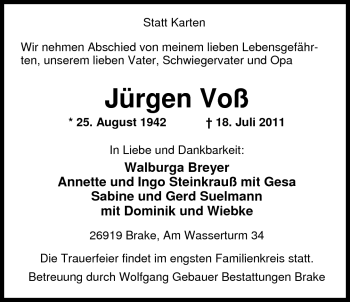 Traueranzeige von Jürgen Voß von Nordwest-Zeitung