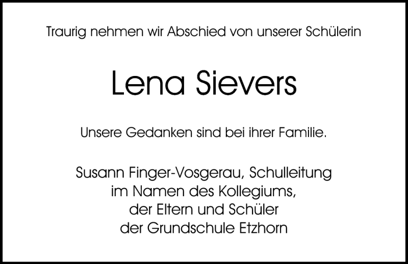  Traueranzeige für Lena Sievers vom 20.07.2011 aus Nordwest-Zeitung