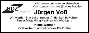 Traueranzeige von Jürgen Voß von Nordwest-Zeitung