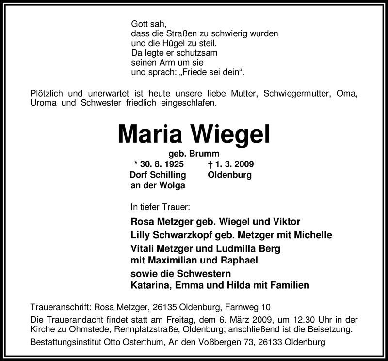  Traueranzeige für Maria Wiegel vom 04.03.2009 aus Nordwest-Zeitung