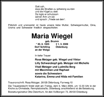 Traueranzeige von Maria Wiegel von Nordwest-Zeitung
