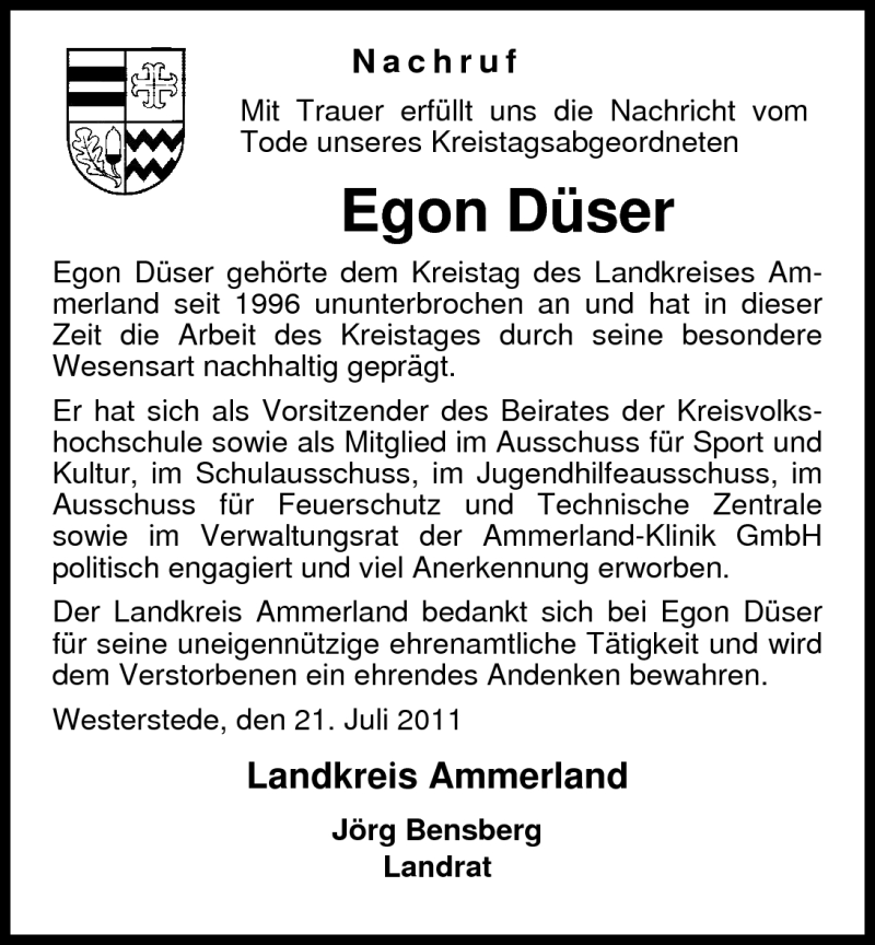  Traueranzeige für Egon Düser vom 23.07.2011 aus Nordwest-Zeitung