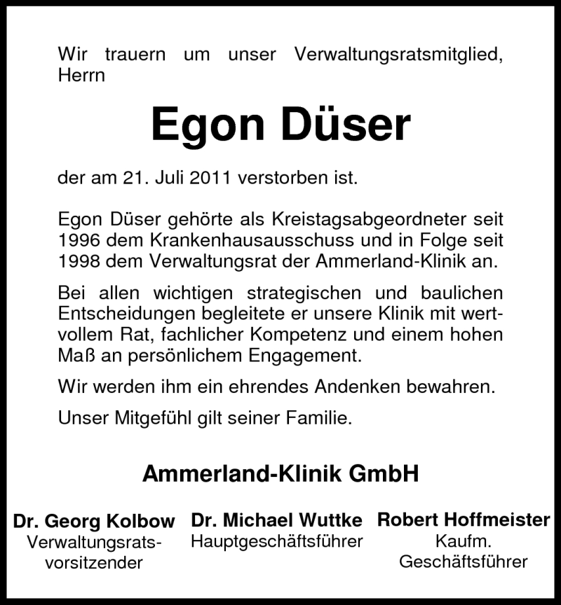  Traueranzeige für Egon Düser vom 23.07.2011 aus Nordwest-Zeitung