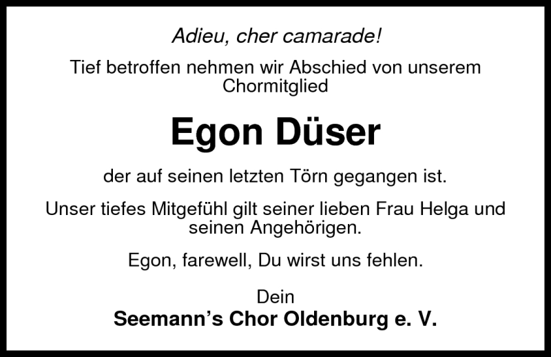  Traueranzeige für Egon Düser vom 23.07.2011 aus Nordwest-Zeitung