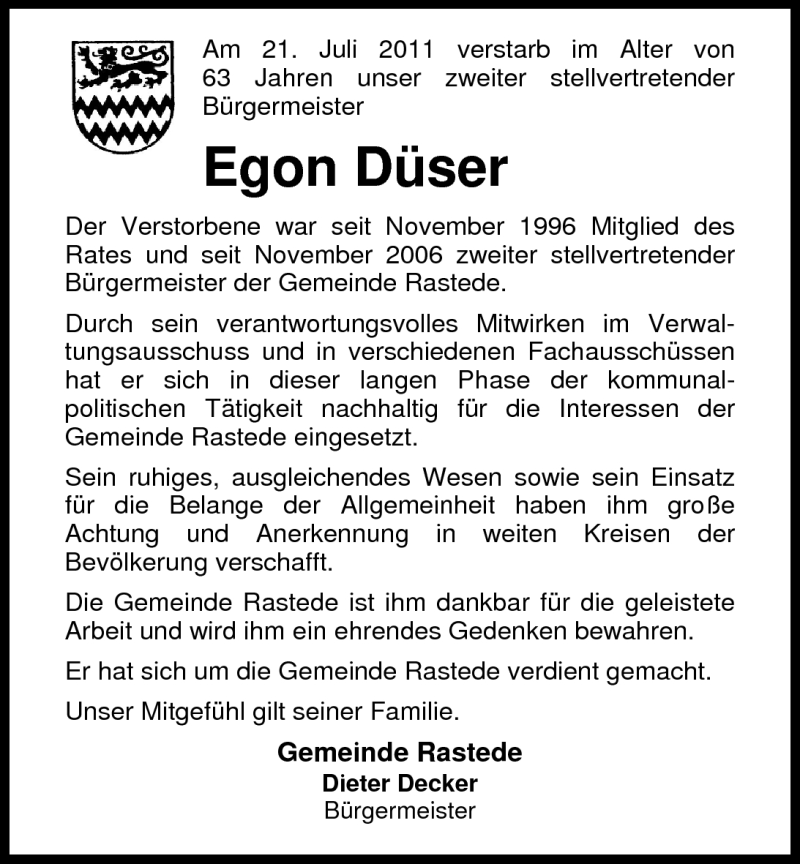  Traueranzeige für Egon Düser vom 23.07.2011 aus Nordwest-Zeitung