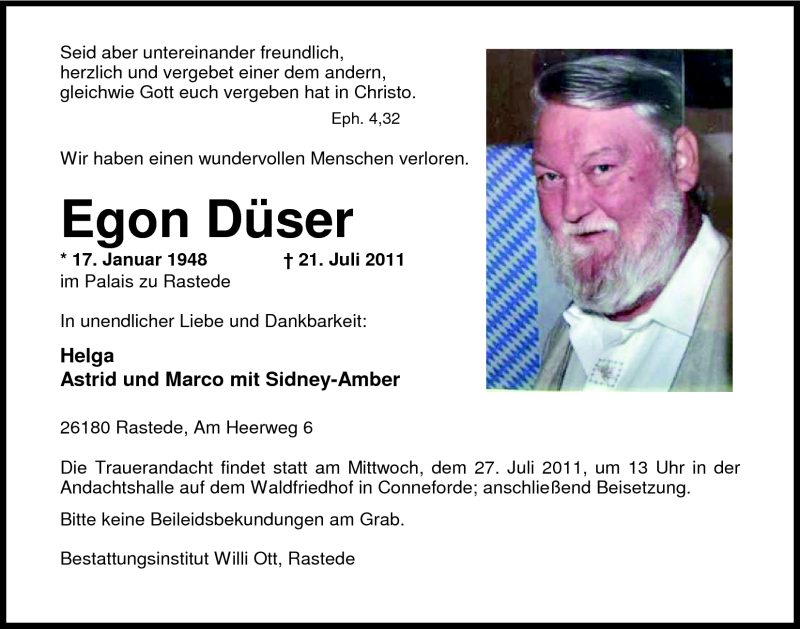  Traueranzeige für Egon Düser vom 23.07.2011 aus Nordwest-Zeitung