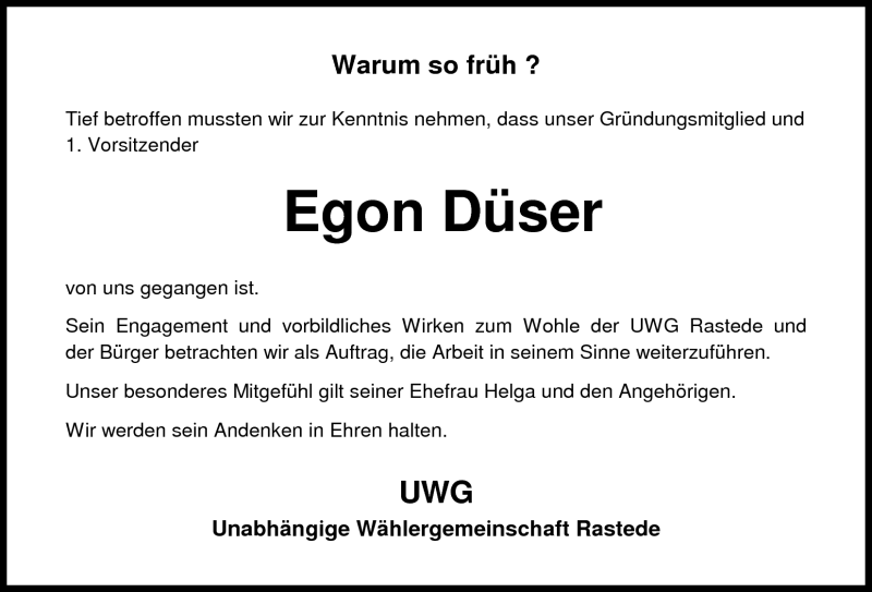  Traueranzeige für Egon Düser vom 23.07.2011 aus Nordwest-Zeitung