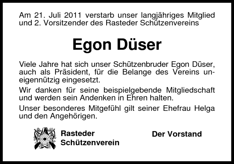  Traueranzeige für Egon Düser vom 23.07.2011 aus Nordwest-Zeitung
