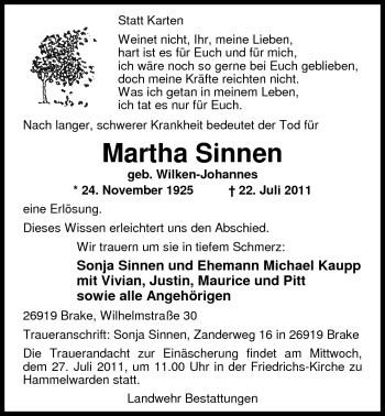 Traueranzeige von Martha Sinnen von Nordwest-Zeitung