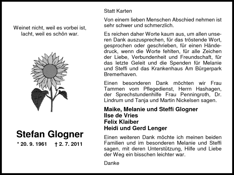  Traueranzeige für Stefan Glogner vom 30.07.2011 aus Nordwest-Zeitung