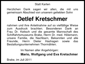 Traueranzeige von Detlef Kretschmer von Nordwest-Zeitung