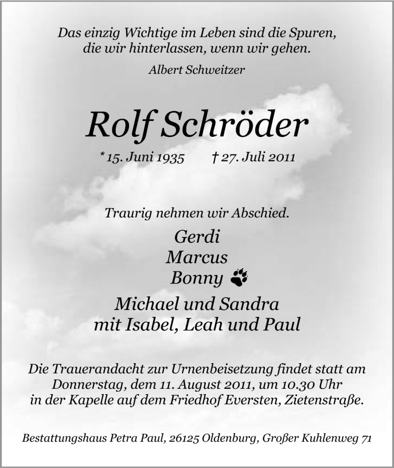  Traueranzeige für Rolf Schröder vom 30.07.2011 aus Nordwest-Zeitung