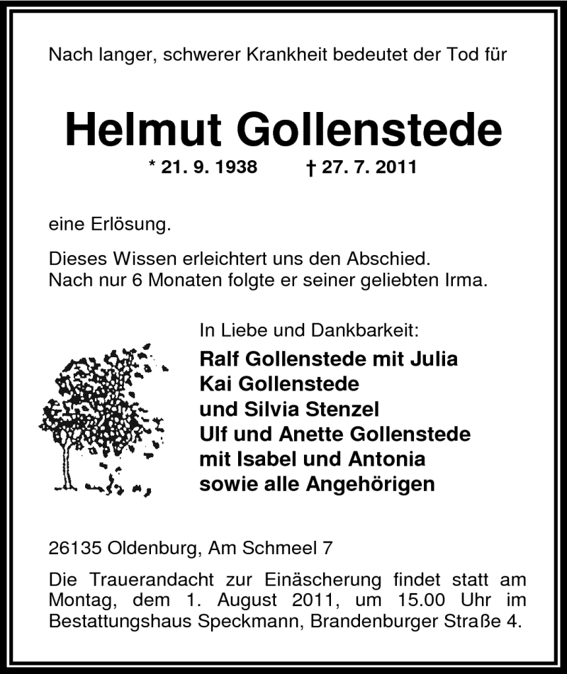  Traueranzeige für Helmut Gollenstede vom 30.07.2011 aus Nordwest-Zeitung