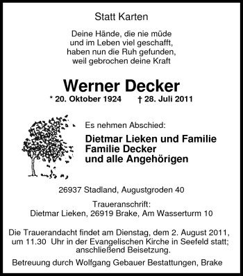 Traueranzeige von Werner Decker von Nordwest-Zeitung