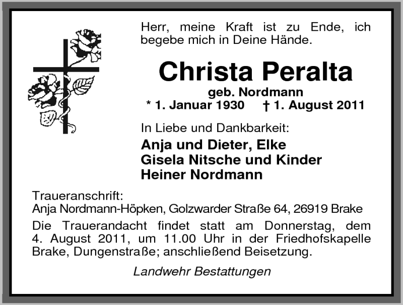  Traueranzeige für Christa Peralta vom 02.08.2011 aus Nordwest-Zeitung