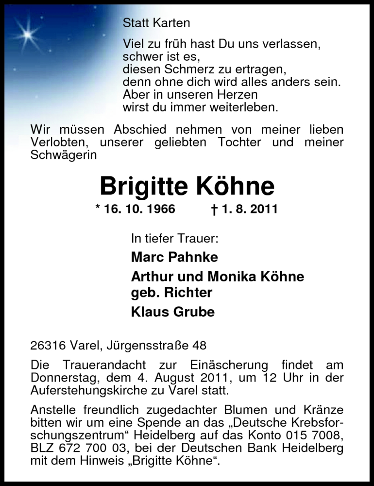  Traueranzeige für Brigitte Köhne vom 05.08.2011 aus Nordwest Zeitung