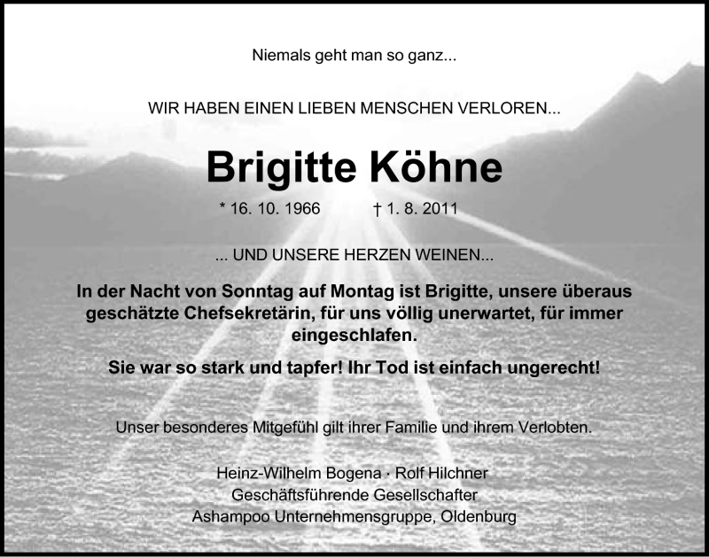  Traueranzeige für Brigitte Köhne vom 03.08.2011 aus Nordwest-Zeitung