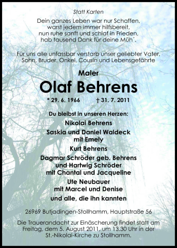 Traueranzeige von Olaf Behrens von Nordwest-Zeitung