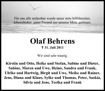 Traueranzeige von Olaf Behrens von Nordwest-Zeitung