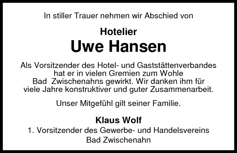  Traueranzeige für Uwe Hansen vom 04.08.2011 aus Nordwest-Zeitung